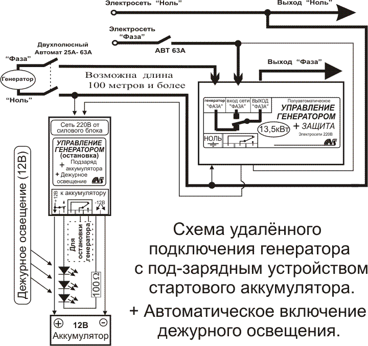 Схема удалённого подключения генератора с подзарядным устройством стартового аккумулятора